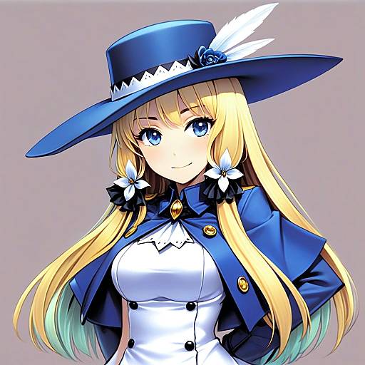Anime Woman in Blue Hat with Blonde Hair and Flower Accents