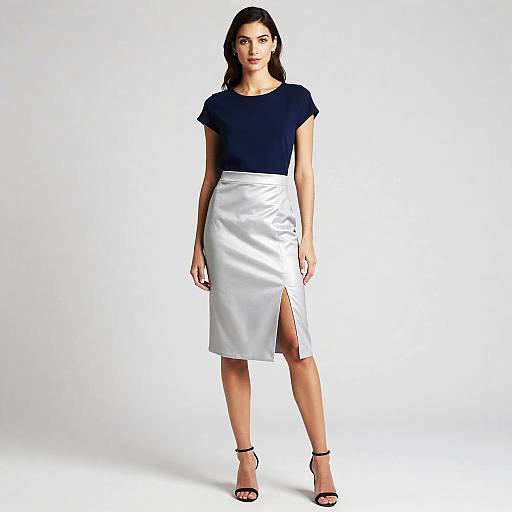 Woman in Silver Pencil Skirt and Blue Top NYE Outfit