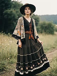 Bohemian Woman in Vintage Floral Skirt and Hat Outdoors