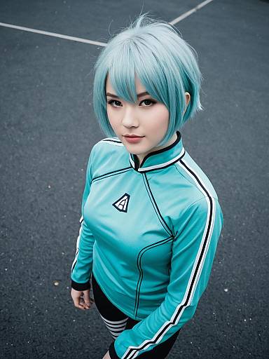 Young Woman in Teal Athletic Jacket with Light Blue Hair