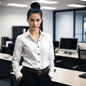 Confident Woman in Office Clothes with White Shirt and Black Pants in Modern Workspace
