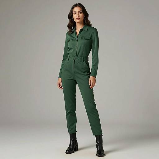 Woman Wearing Forest Green Jumpsuit with Black Boots in Modern Minimalist Style