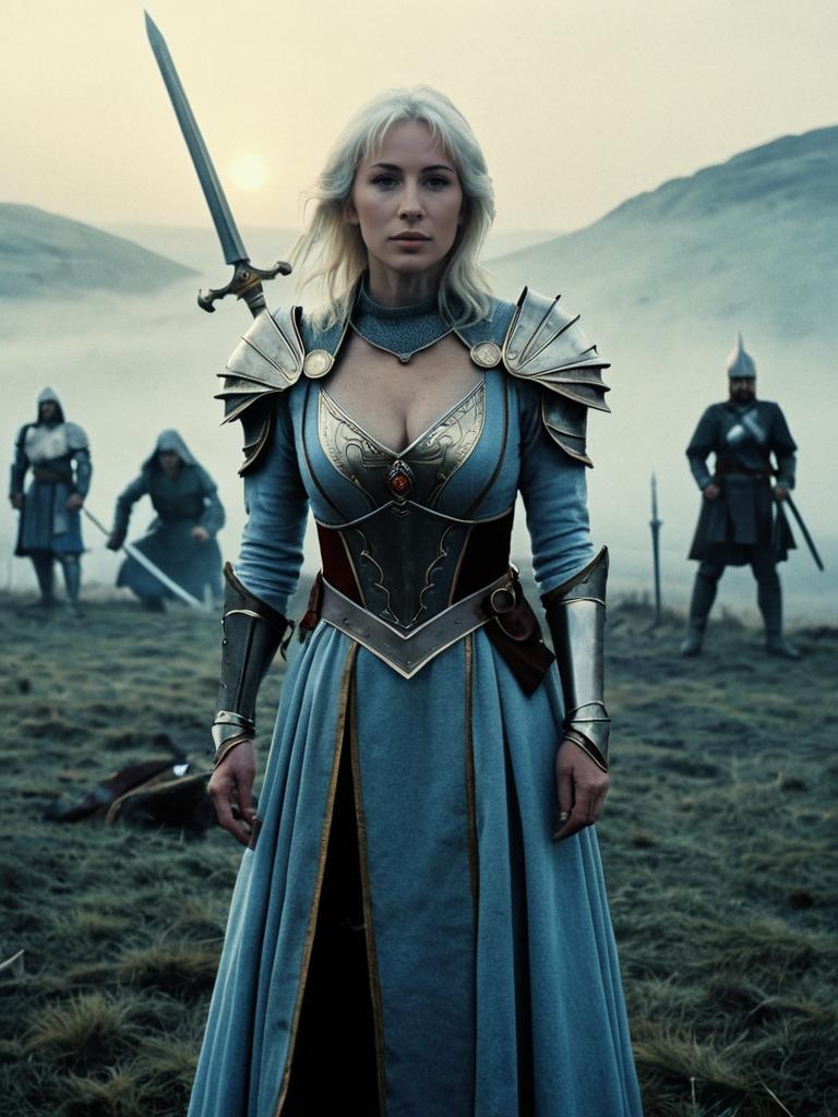 Fantasy Woman in Excalibur Medieval Armor Costume on Misty Battlefield