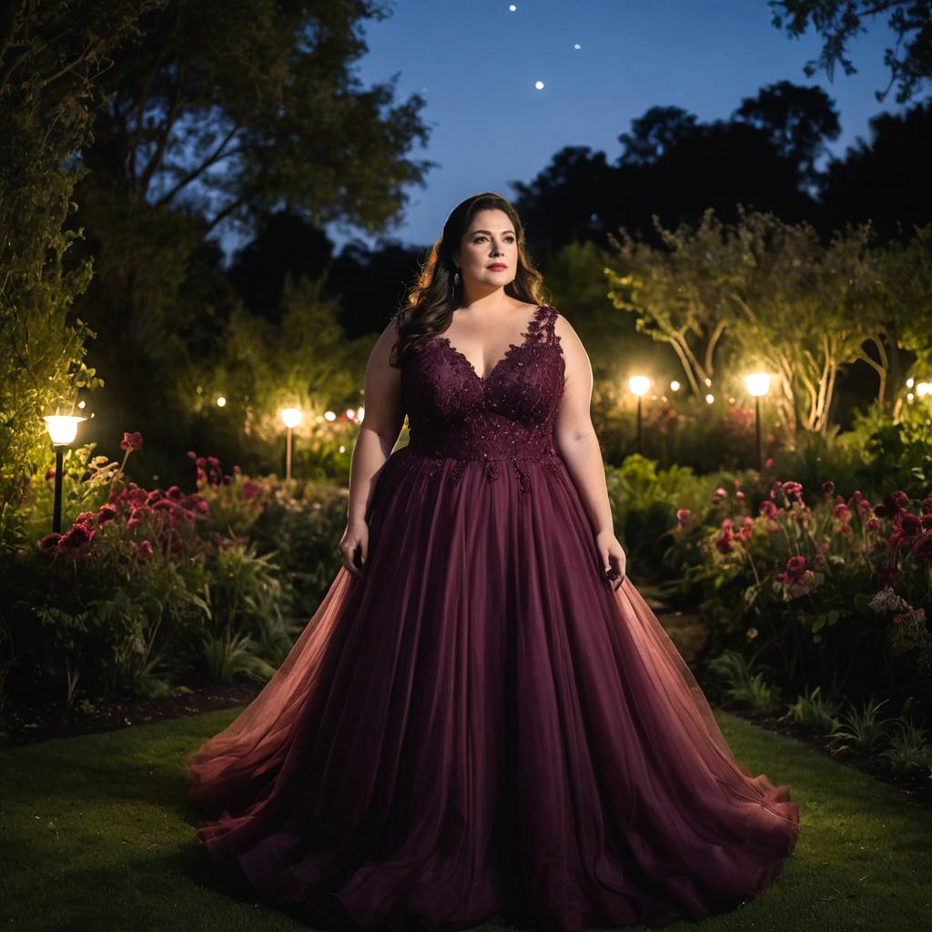 Woman in Burgundy Gown in Illuminated Garden