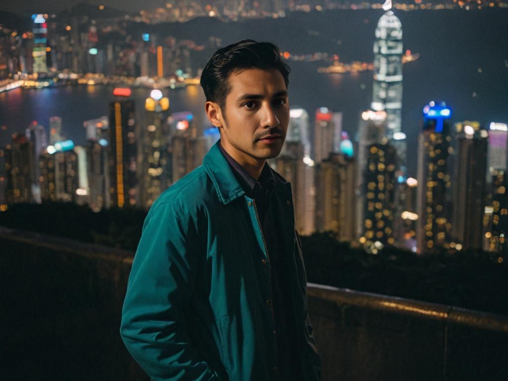 Man in Vintage Jacket with Cityscape Background