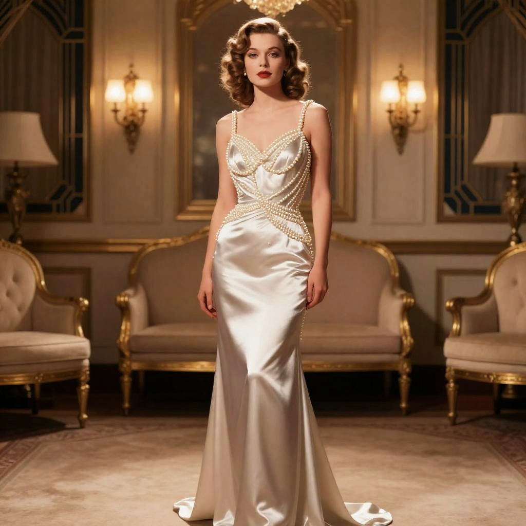 Elegant Woman in Satin Pearl-Embellished Evening Gown in Vintage Luxury Setting
