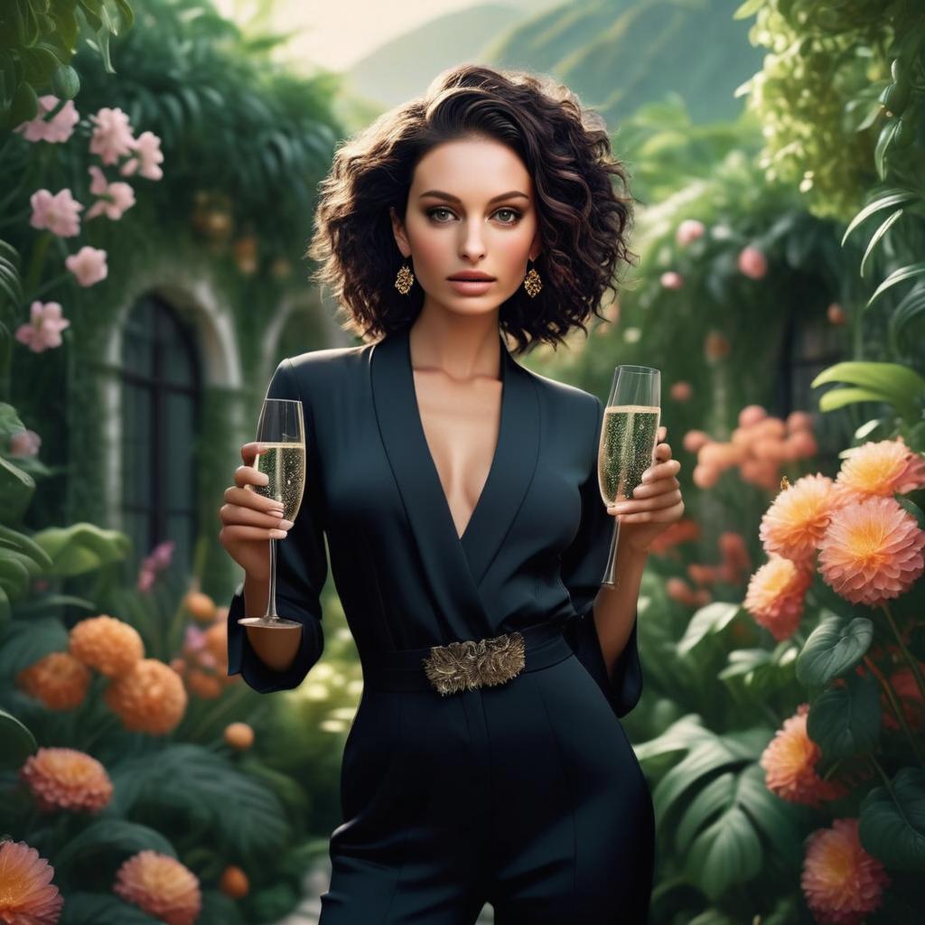 Sophisticated Woman in Elegant Black Outfit with Champagne in Garden