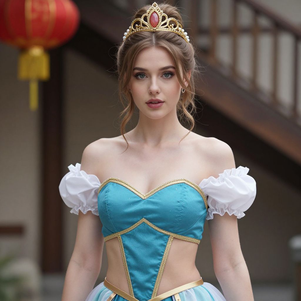 Young Woman in Blue Princess Costume with Golden Tiara