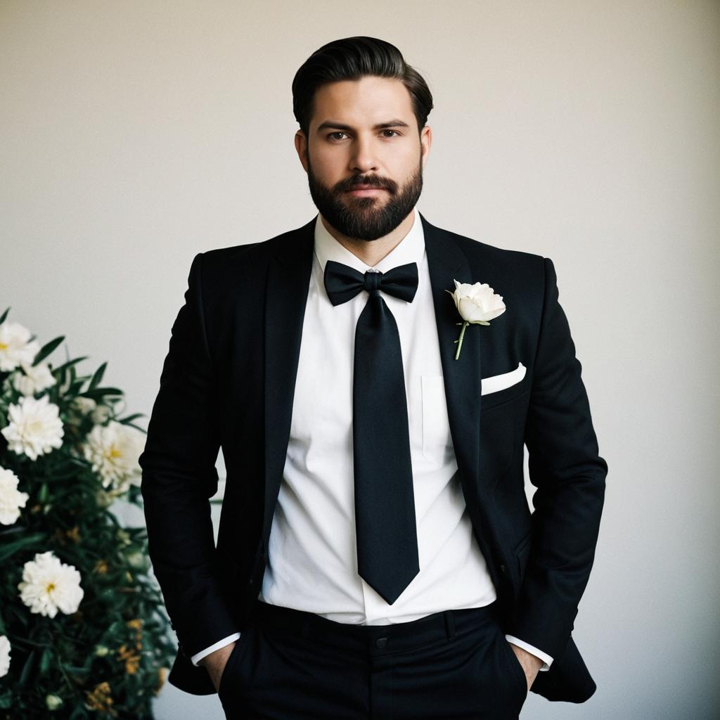 Confident Man in Tuxedo with Floral Decor