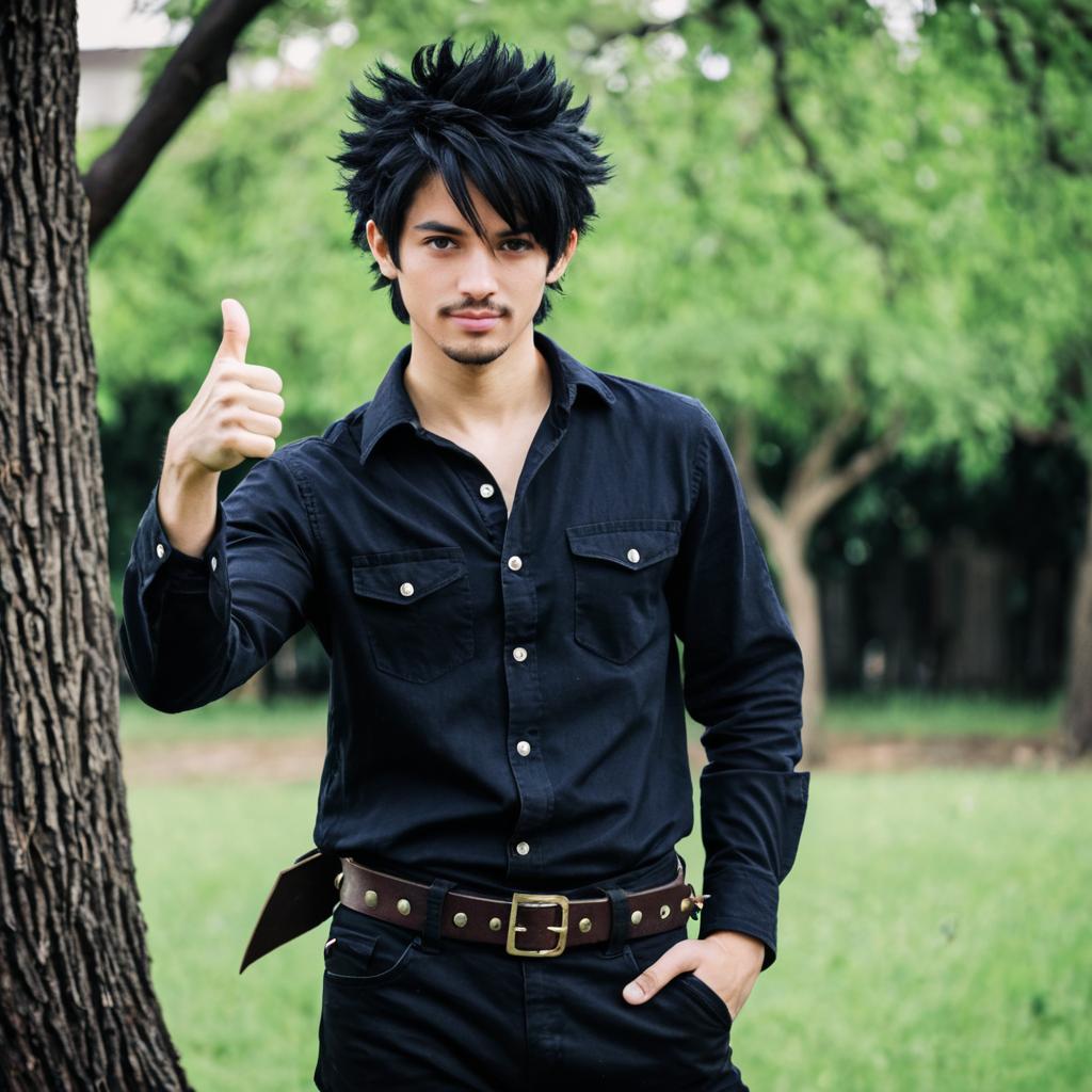 Young man in black shirt giving thumbs-up outdoors