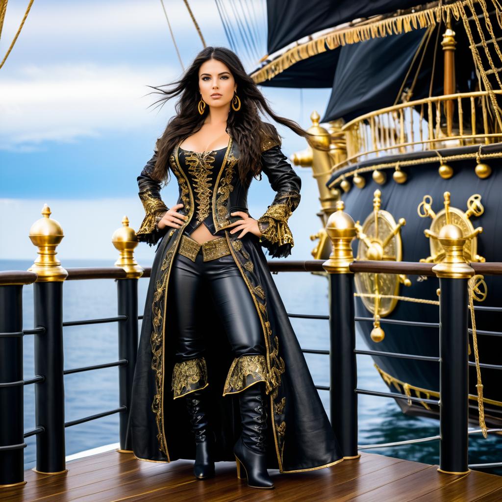 Confident Woman in Pirate-Inspired Outfit on Ship Deck