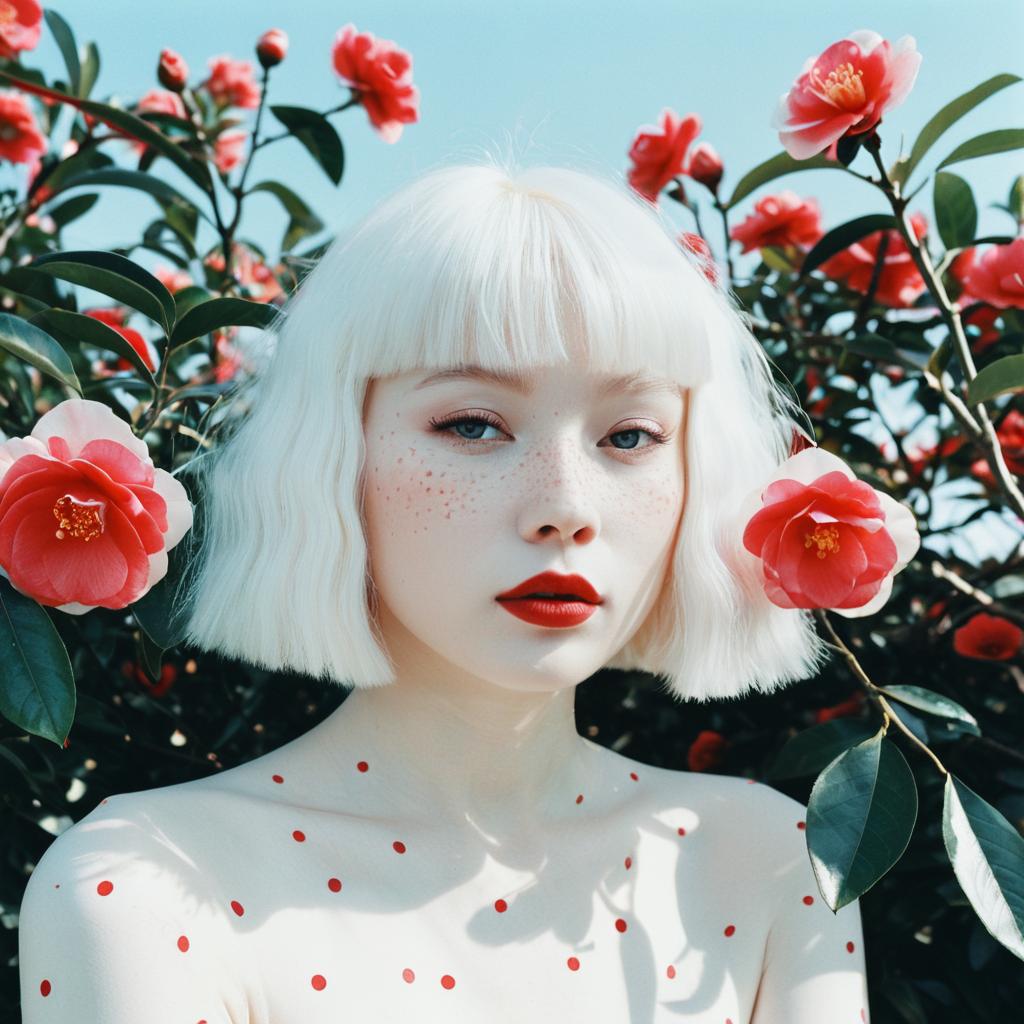 High Fashion Portrait of Woman with Blonde Bob Amid Red Flowers