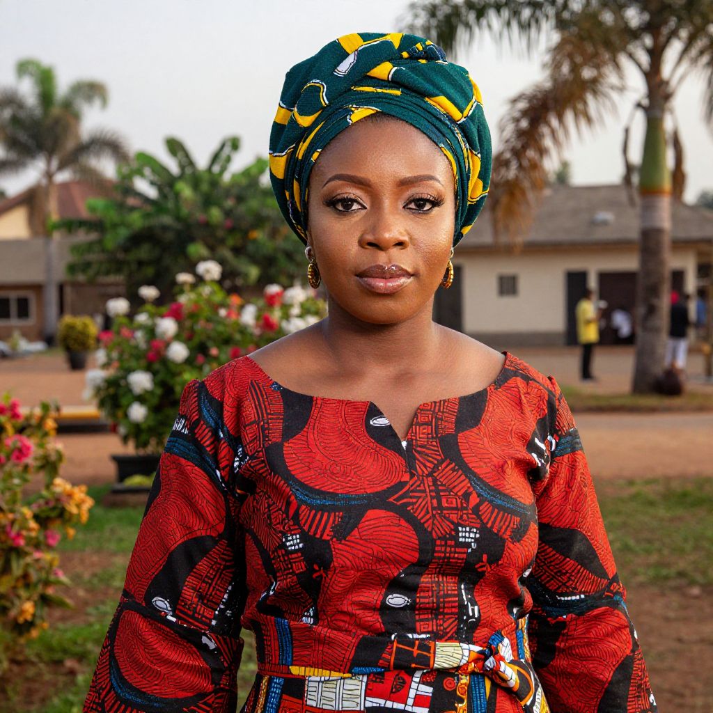 African Woman in Traditional Red and Green Patterned Outfit Outdoors