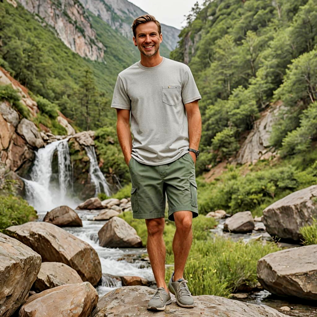 Cheerful man by a picturesque river with waterfall