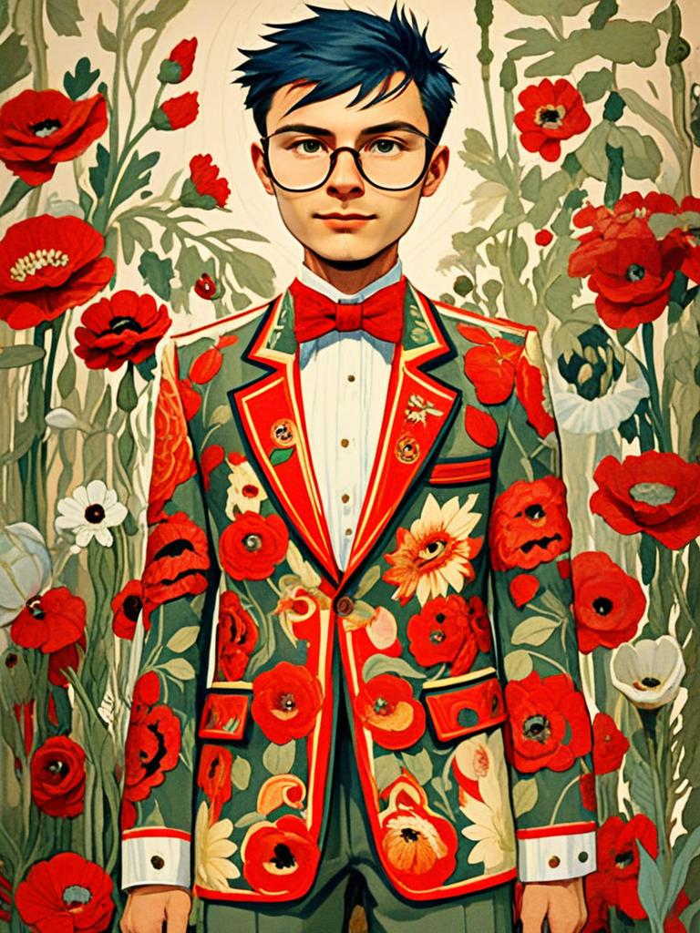 Confident Young Man with Blue Hair in Floral Suit