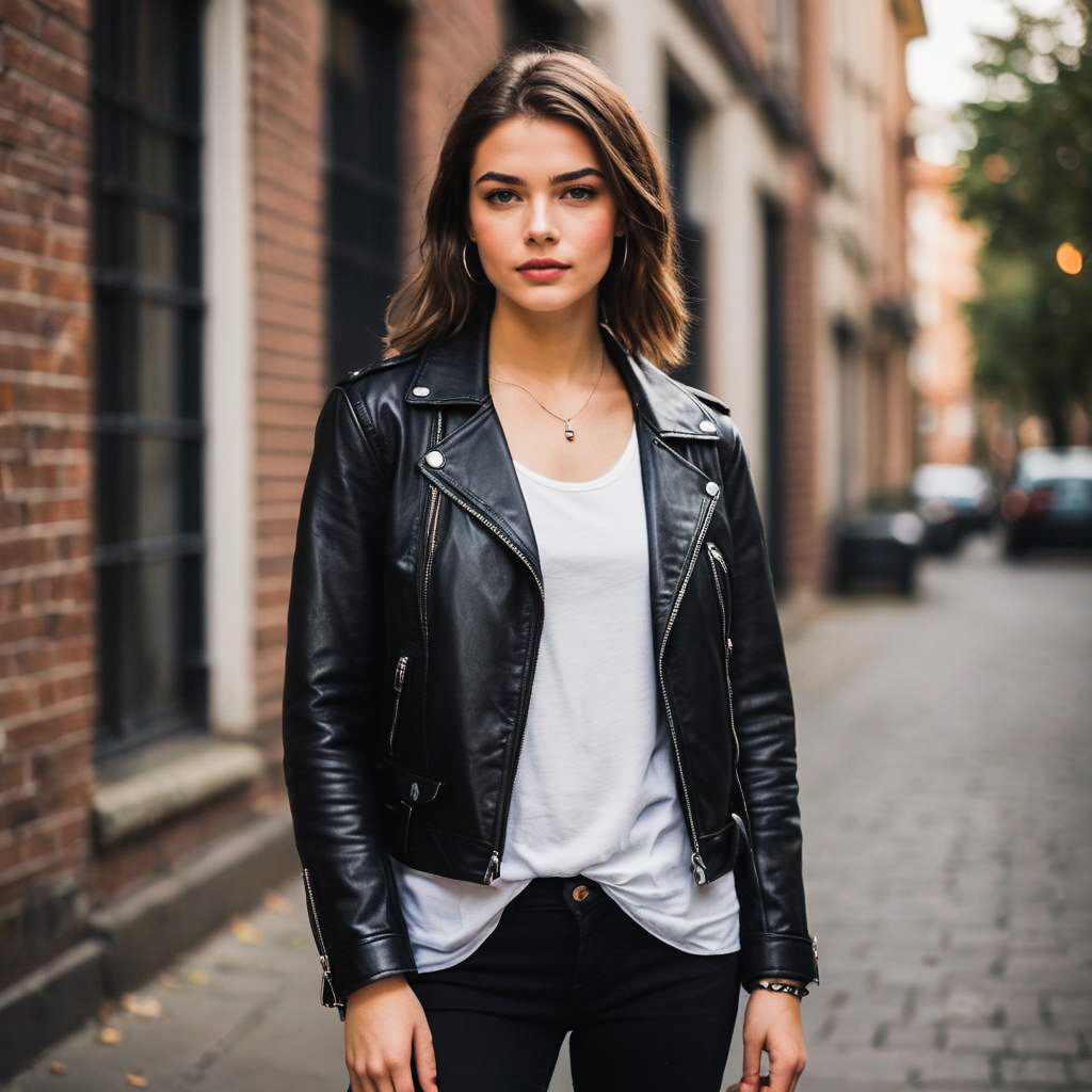 Confident Woman in Black Leather Jacket on Urban Street