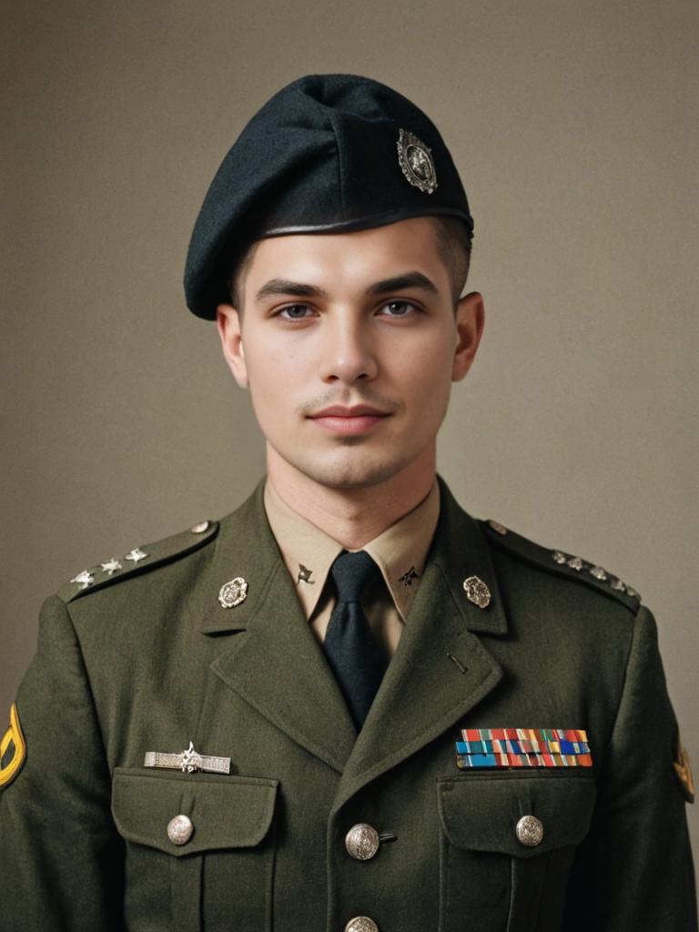 Confident Man in Military Uniform with Medals