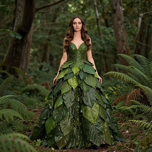 Woman Wearing Leaf Dress in Forest Nature Fashion Photography