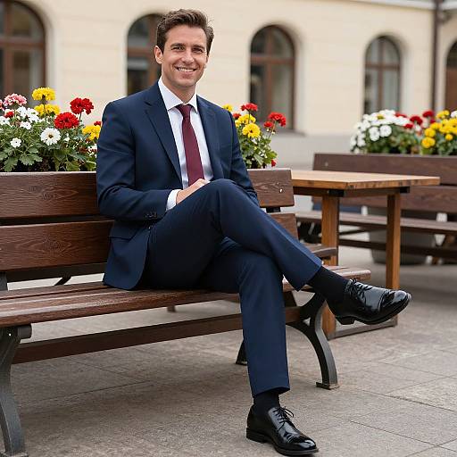 Confident Businessman Sitting on Bench in Urban Floral Setting