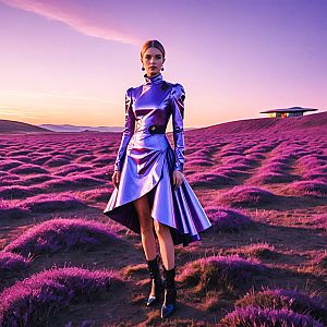 Fashion Model in Metallic Purple Dress in Lavender Landscape
