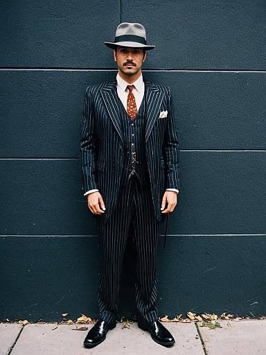 Man in Gangster Costume Wearing Pinstripe Suit Full Body Cosplay Photo
