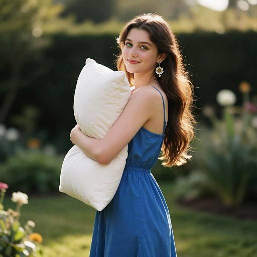 Young Woman in Blue Dress Hugging Pillow in Garden