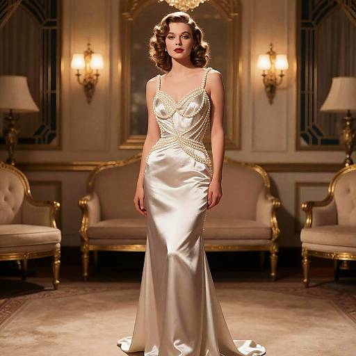 Elegant Woman in Satin Pearl-Embellished Evening Gown in Vintage Luxury Setting