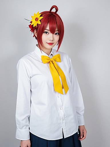 Hanasaki Miyabi Cosplay Portrait with Yellow Bow Tie and Red Hair Accessories