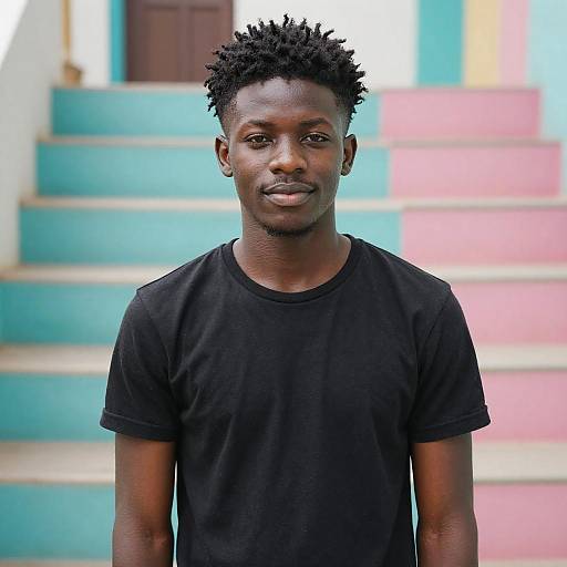 Confident Young Man in Black T-Shirt with Colorful Pastel Stairs Background
