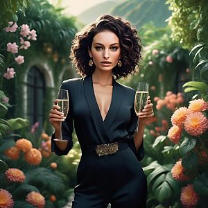 Sophisticated Woman in Elegant Black Outfit with Champagne in Garden