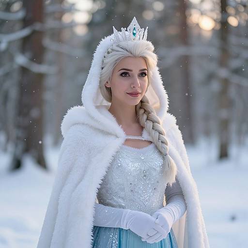 Ice Queen Woman in White Fur Hooded Cape and Crystal Tiara in Snowy Forest