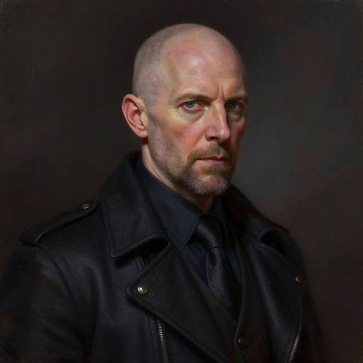 Portrait of Bald Man in Black Leather Jacket with Intense Expression