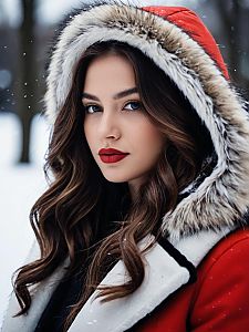 Portrait of Woman in Red Fur Hood Winter Coat in Snow
