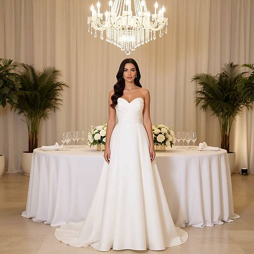 Elegant Woman in White Strapless Wedding Dress with Floral Table Decor