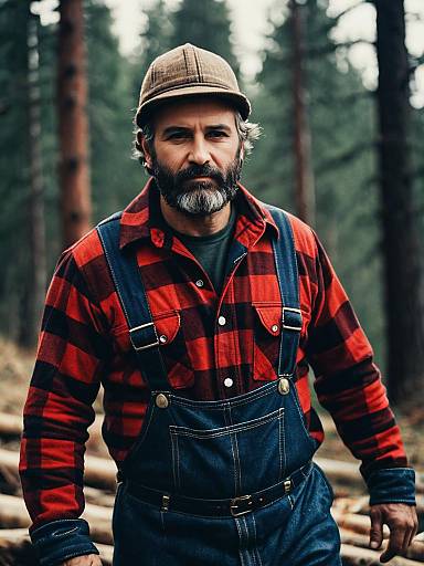 Rugged Man in Lumberjack Costume with Denim Overalls in Forest - Cinematic Realism Portrait
