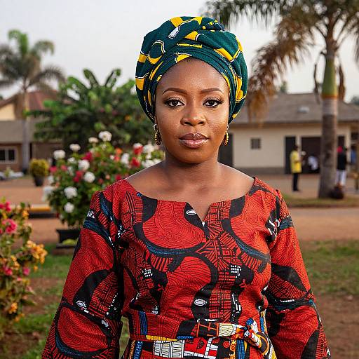 African Woman in Traditional Red and Green Patterned Outfit Outdoors