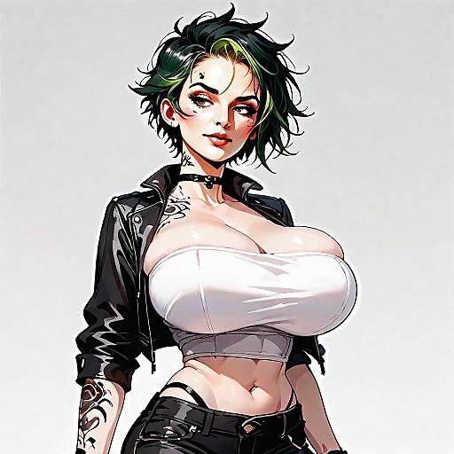 Edgy Woman with Green Hair in Leather Jacket Digital Art
