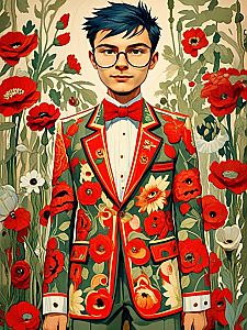 Confident Young Man with Blue Hair in Floral Suit