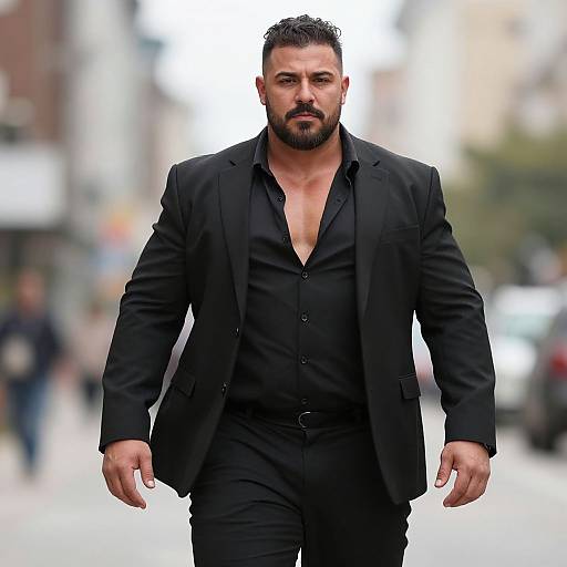Confident Man Walking in Black Suit on Urban Street