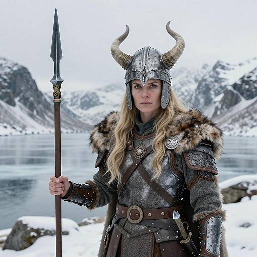 Woman in Viking Armor with Spear in Snowy Mountain Landscape