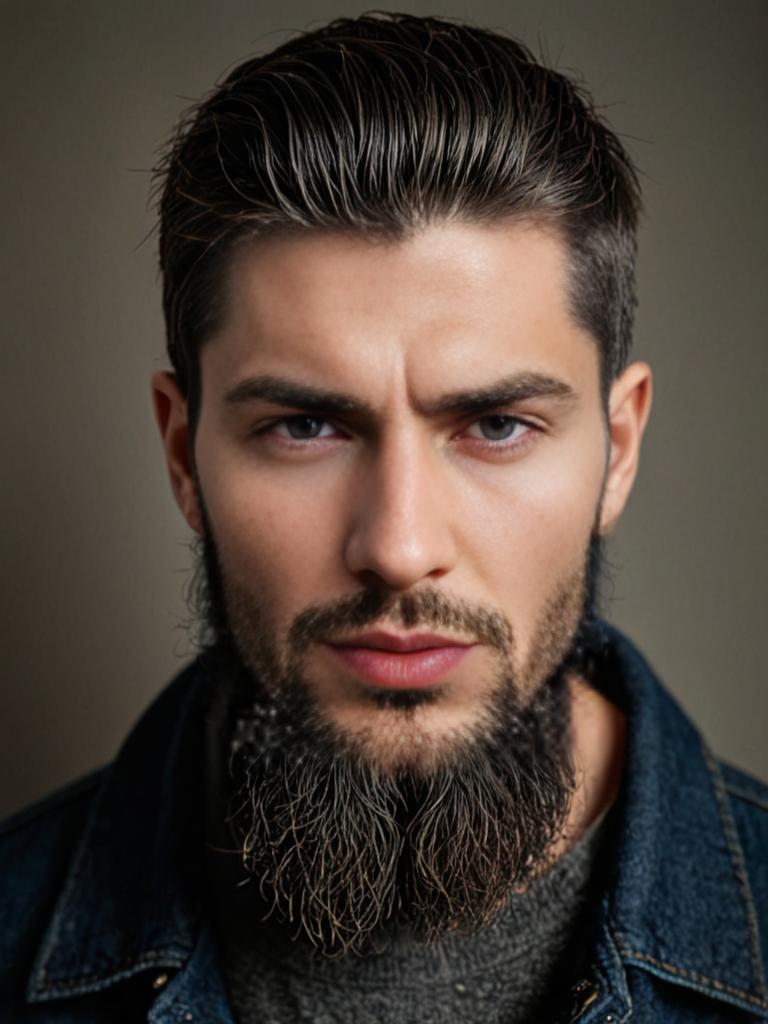 Confident young man with beard in denim jacket