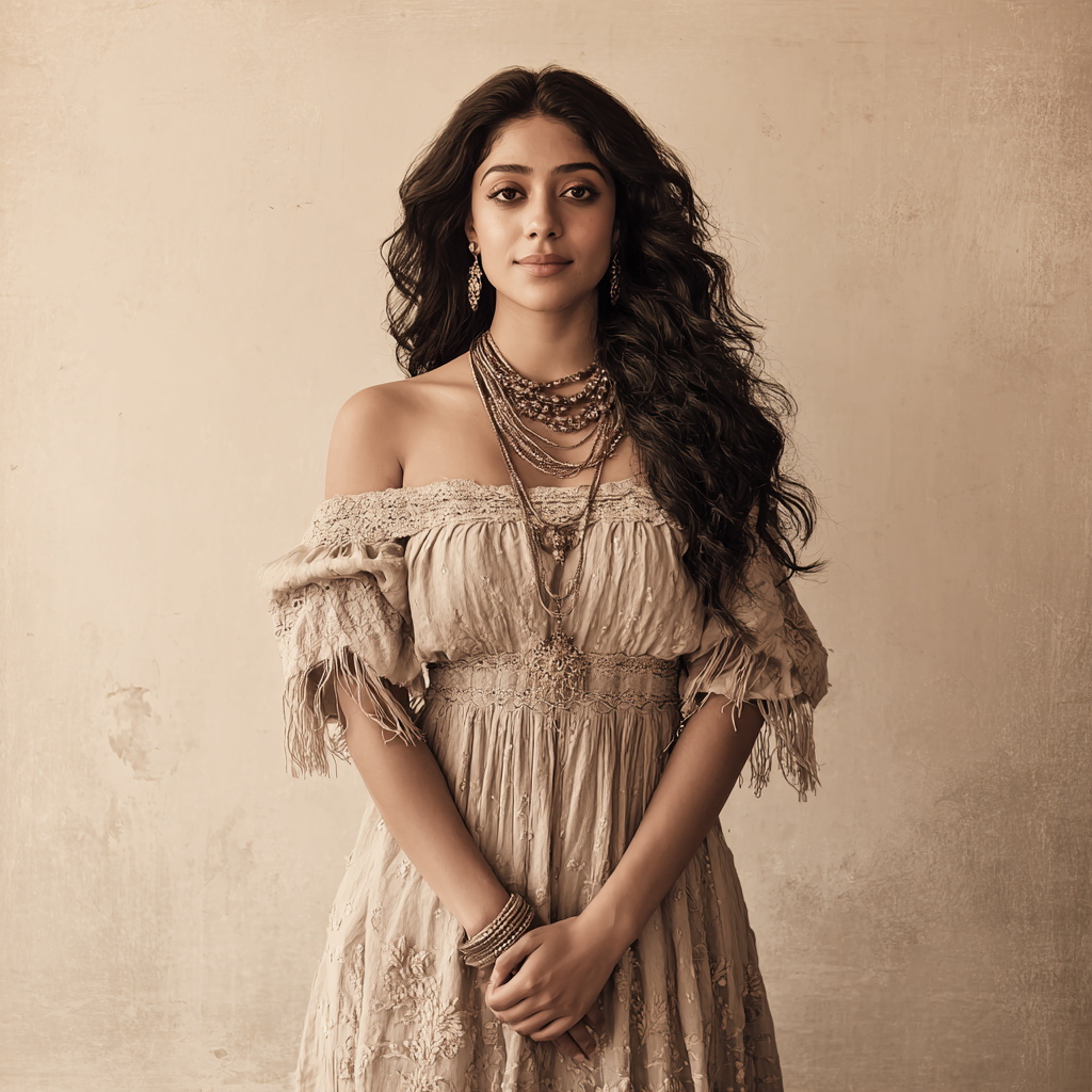 Elegant Bohemian Woman in Off-Shoulder Dress Elegant Bohemian Woman in Off-Shoulder Dress