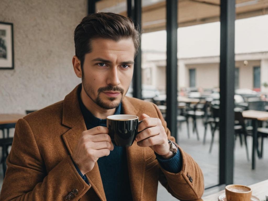 Stylish man with coffee in artistic cafe