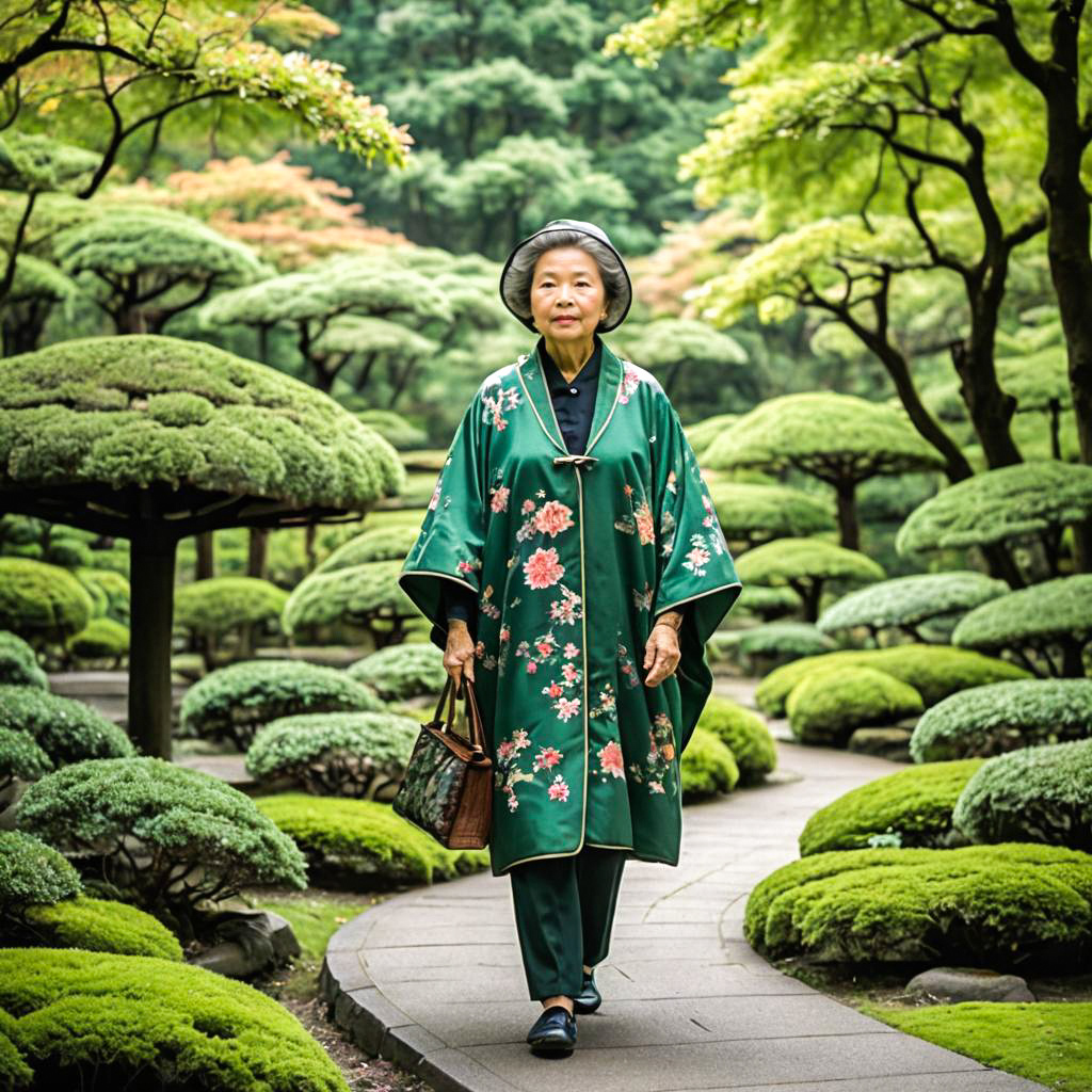 Elegant Woman in Green Kimono in Japanese Garden