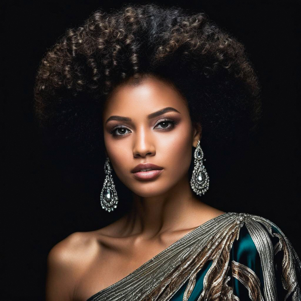 Elegant Woman with Curly Afro in Metallic Teal Dress