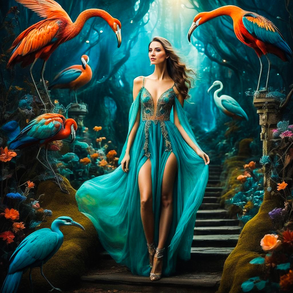 Woman in Turquoise Gown in Mystical Forest Woman in Turquoise Gown in Mystical Forest