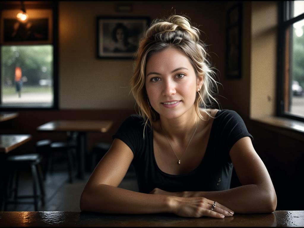 Young Woman at Cafe Table - Warm and Approachable