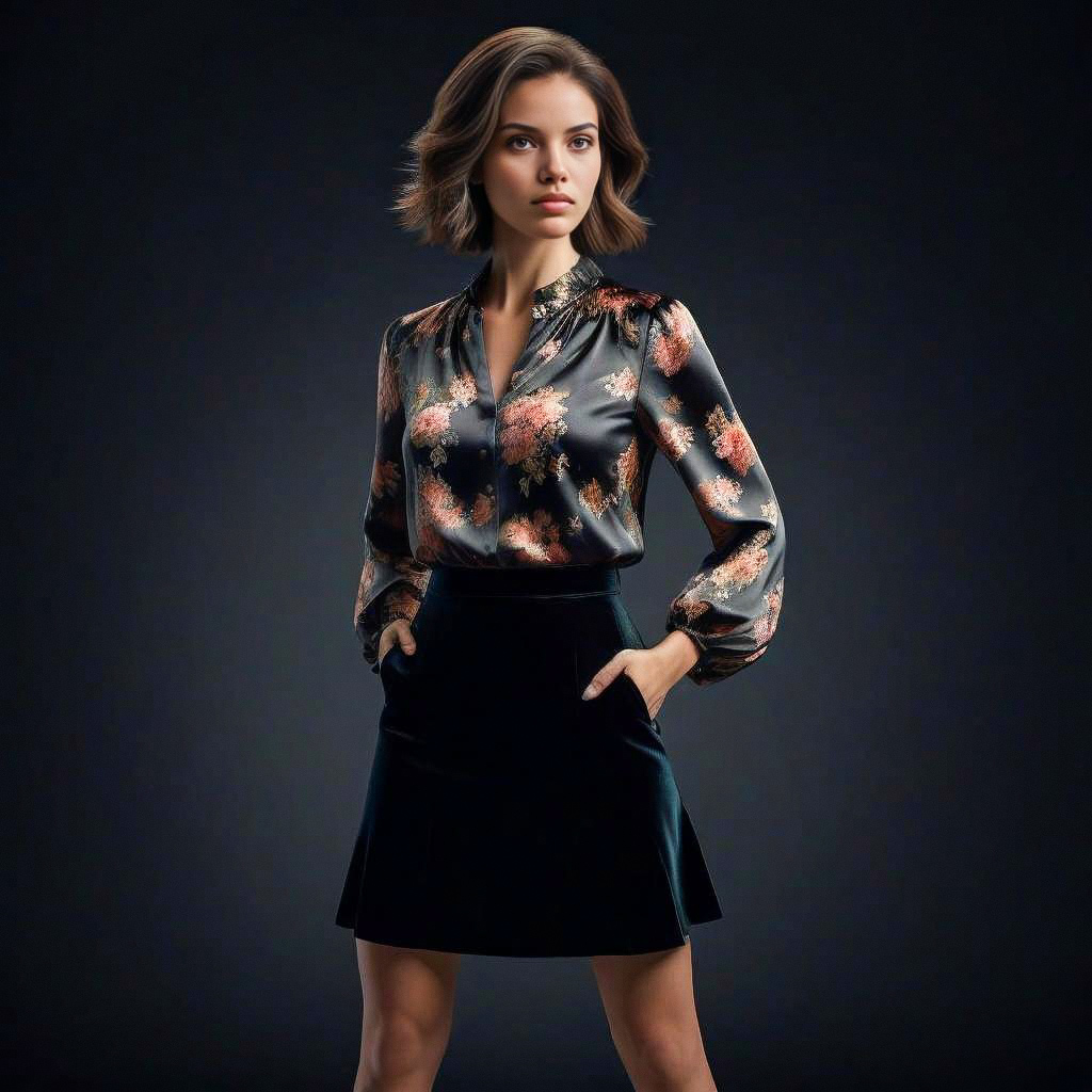 Confident Woman in Elegant Silk Blouse and Black Skirt Confident Woman in Elegant Silk Blouse and Black Skirt