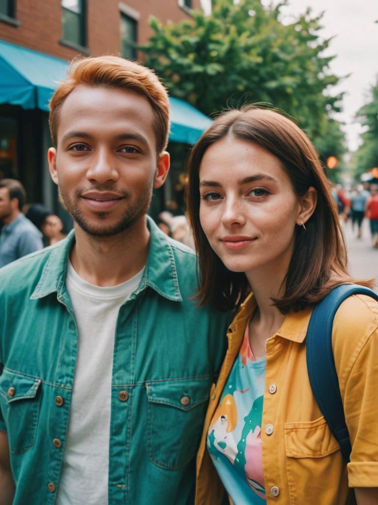 Man and Woman in Cartoon-Inspired Apparel