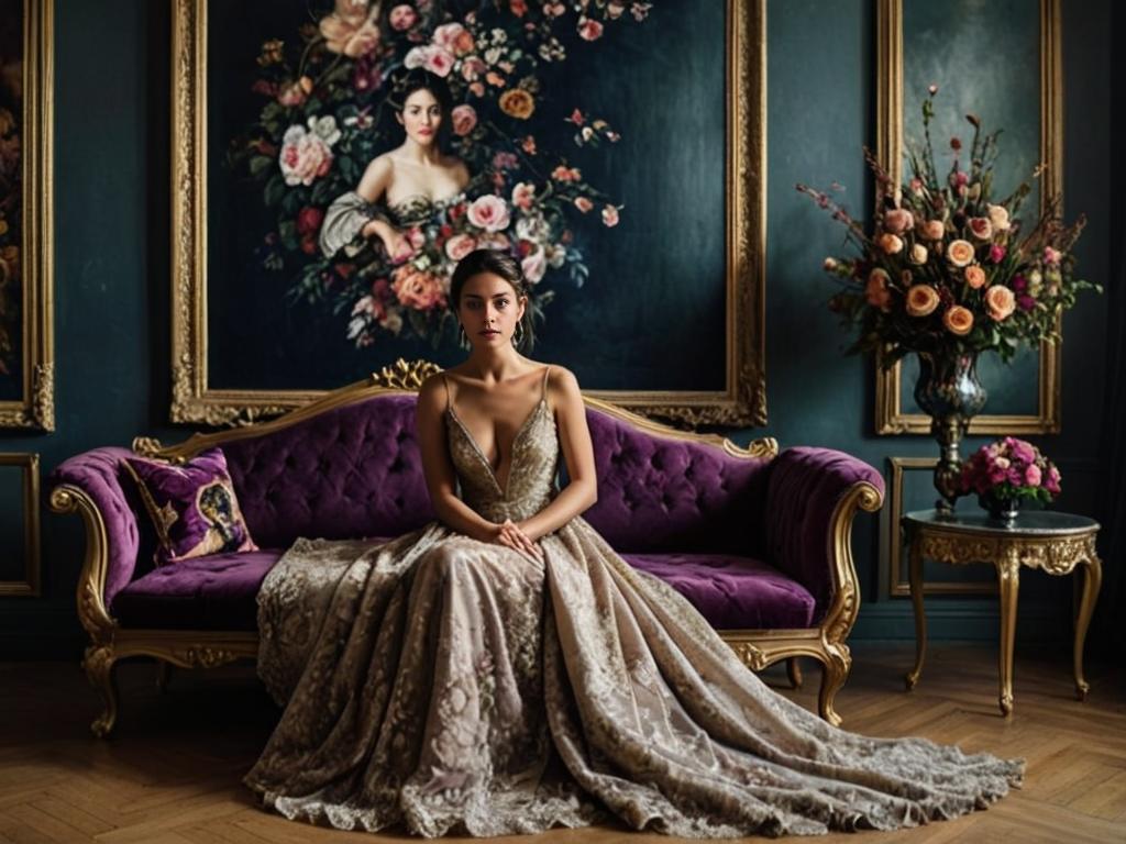 Elegant woman on purple velvet sofa with floral painting